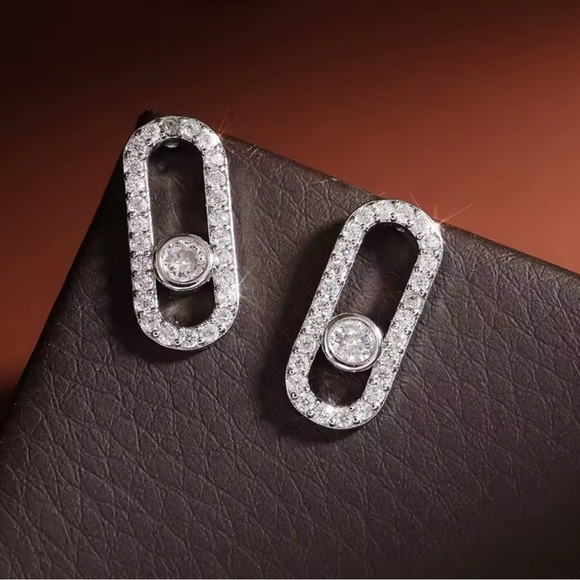 14K White Gold Geometrical Paris Inspired Link Paperclip Diamond Inlay Earrings - Picture 3 of 5